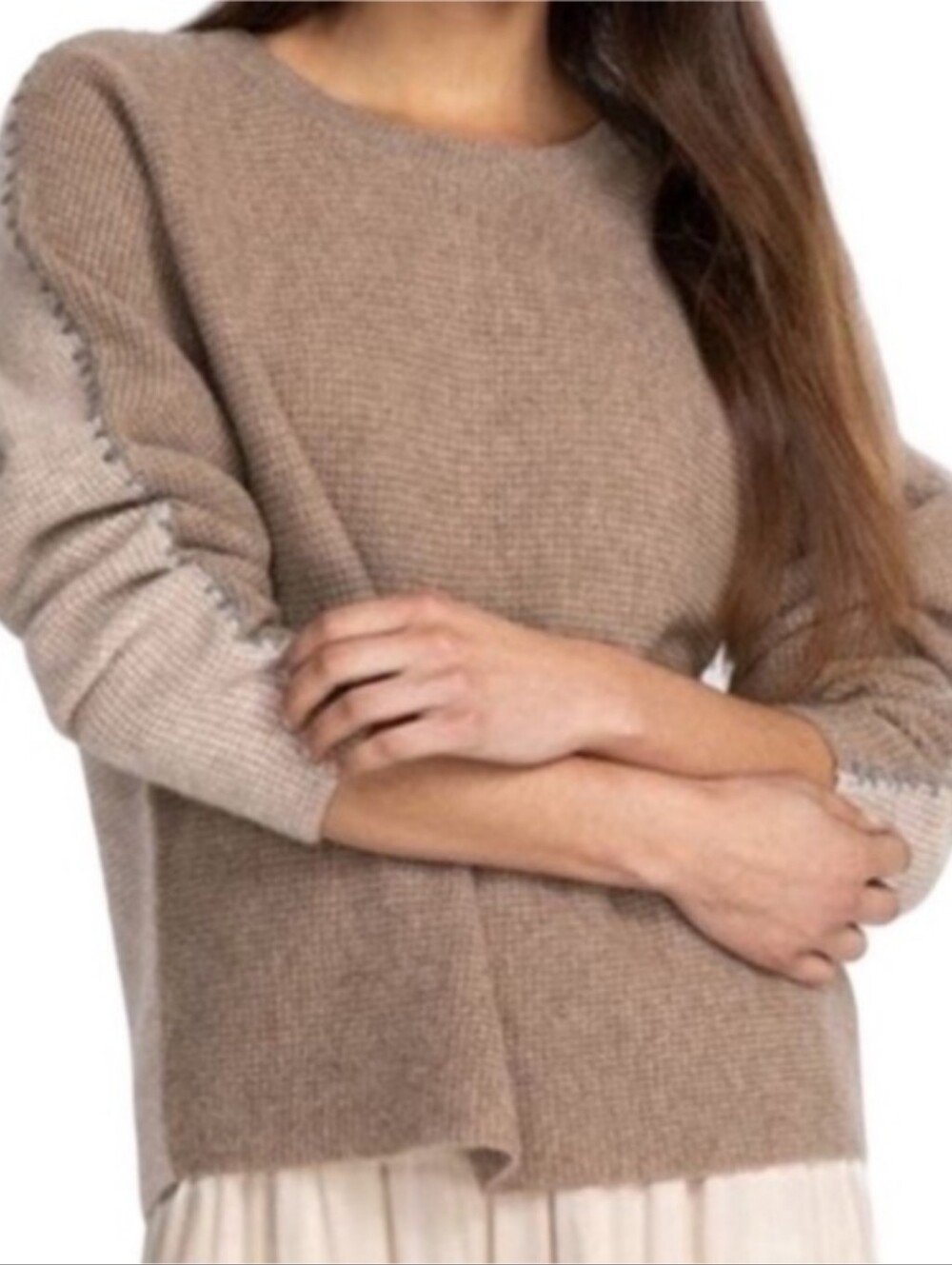 Johnny Was Calme Cashmere Waffle Knit Sweater S Taupe Colorblock NWT